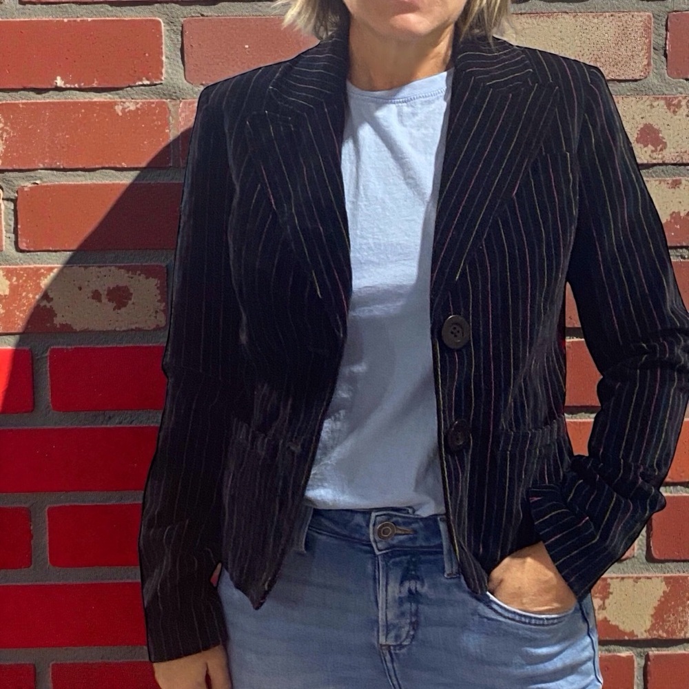 Caslon Pinstripe Velvet Blazer Jacket Size S Black Two Button Soft Touch Career